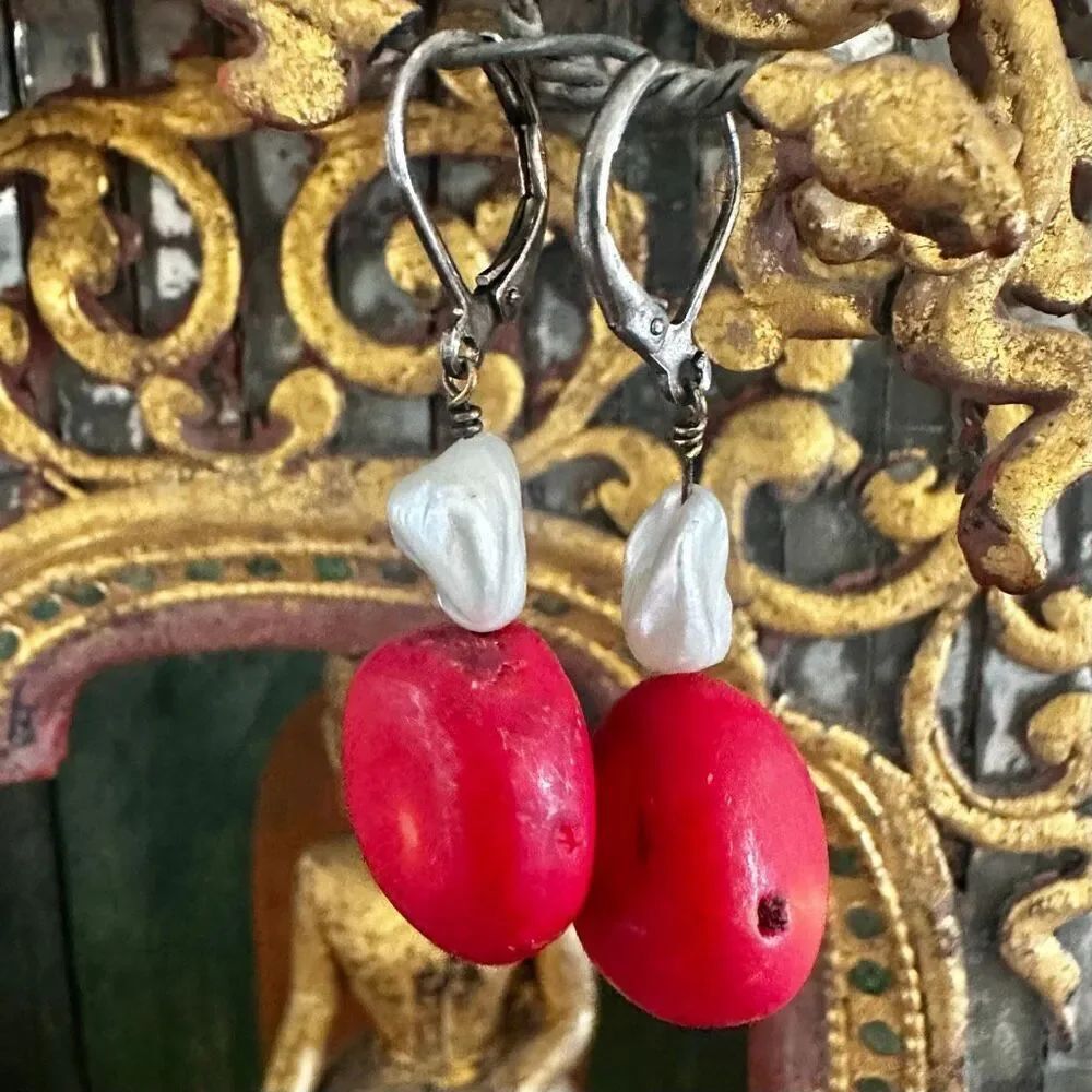 Artisan Baroque Pearl & Red Coral Nugget Dangle Earrings